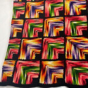 Handmade Afghan Blanket Variegated Yarn Rainbow Colorful Black Crocheted Unique‎